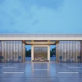Modern Entrance Gate Design with Stone Frame Vertical Metal Grilles and Courtyard Landscape
