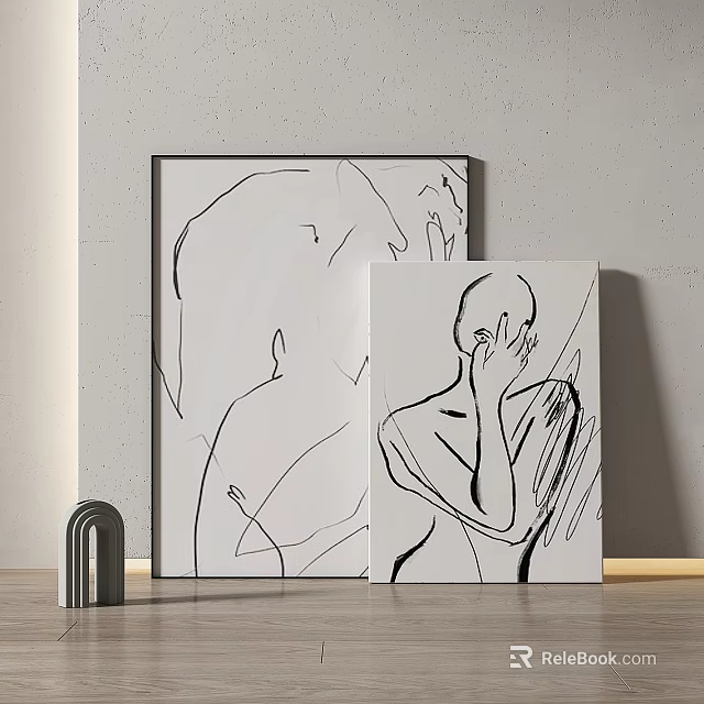 Abstract Paintings Featuring Two Minimalist Line Art Figures As Wall Decor 3d model