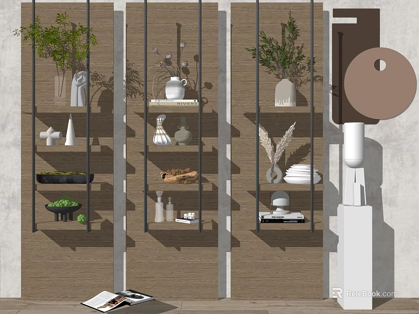 Wooden Shelf Decorative Ornament Set With Green Plants Vases And Bowls 3d model 