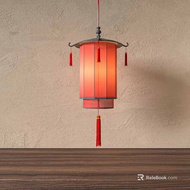 Traditional Red Paper Lantern With Hanging Tassels On Textured Wall And Wooden Surface 3d model 