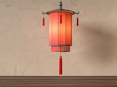 Traditional Red Paper Lantern With Hanging Tassels On Textured Wall And Wooden Surface 3d model