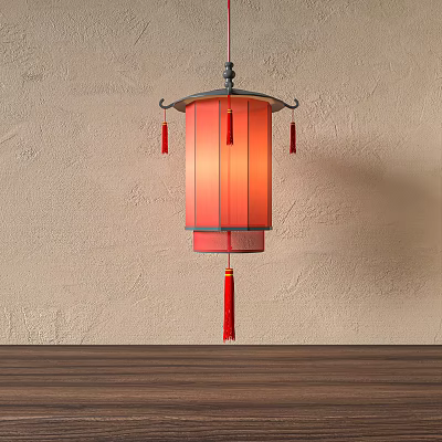 Traditional Red Paper Lantern With Hanging Tassels On Textured Wall And Wooden Surface 3d model