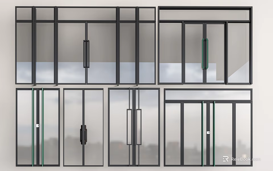 Modern Glass Doors With Black Frames Various Designs And Metal Handles 3d model 