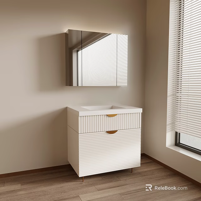 Modern White Bathroom Vanity With Drawers Gold Handles Mirror Cabinet And Window Blinds 3d model 