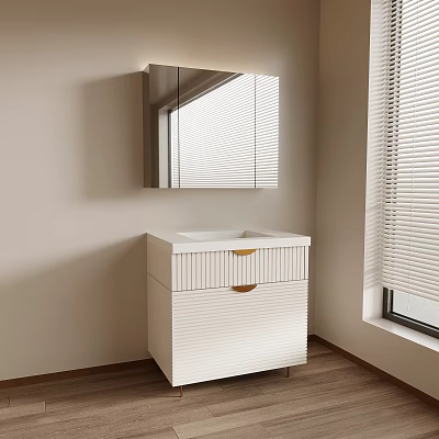 Modern White Bathroom Vanity With Drawers Gold Handles Mirror Cabinet And Window Blinds 3d model
