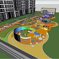 Modern Children's Play Area With Colorful Ground Slides Umbrellas And Green Lawn