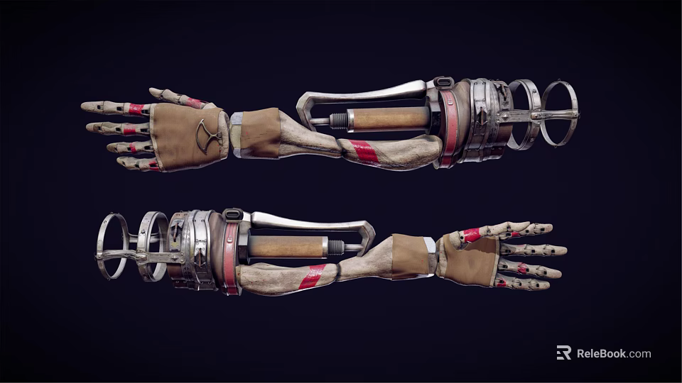 Pair of Mechanical Arms With Metallic Structure Glove Details And Red Accents 3d model 