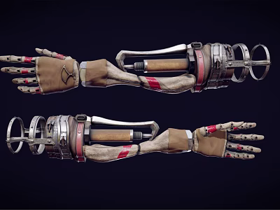 Pair of Mechanical Arms With Metallic Structure Glove Details And Red Accents 3d model