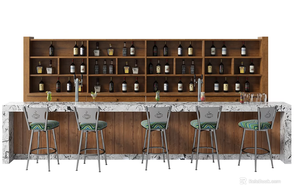 Modern Bar Counter With Marble Countertop Wooden Wine Rack Green Bar Stools And Wine Bottles 3d model 