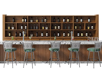 Modern Bar Counter With Marble Countertop Wooden Wine Rack Green Bar Stools And Wine Bottles 3d model