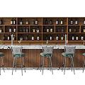 Modern Bar Counter With Marble Countertop Wooden Wine Rack Green Bar Stools And Wine Bottles
