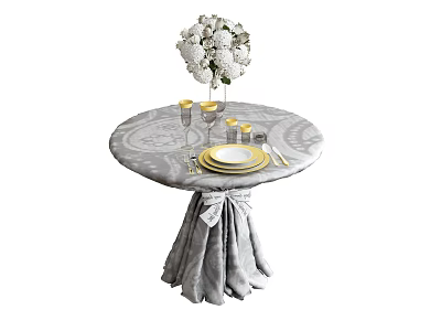 Round Coffee Table With Gray Tablecloth Draped Decoration White Flower Bouquet Golden Goblets And Cutlery 3d model