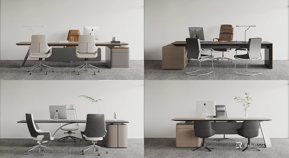 Modern Office Desk Setup With Ergonomic Chairs Computers Desk Lamps Storage Cabinets And Plants 3d model 