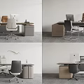 Modern Office Desk Setup With Ergonomic Chairs Computers Desk Lamps Storage Cabinets And Plants