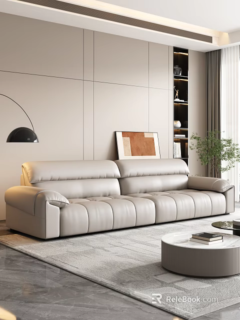 Modern Light Gray Leather Sofa And Round Coffee Table Set With Floor Lamp Decorative Painting 3d model 