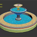 Two Tiered Garden Fountain With Beige Base And Blue Water Pool