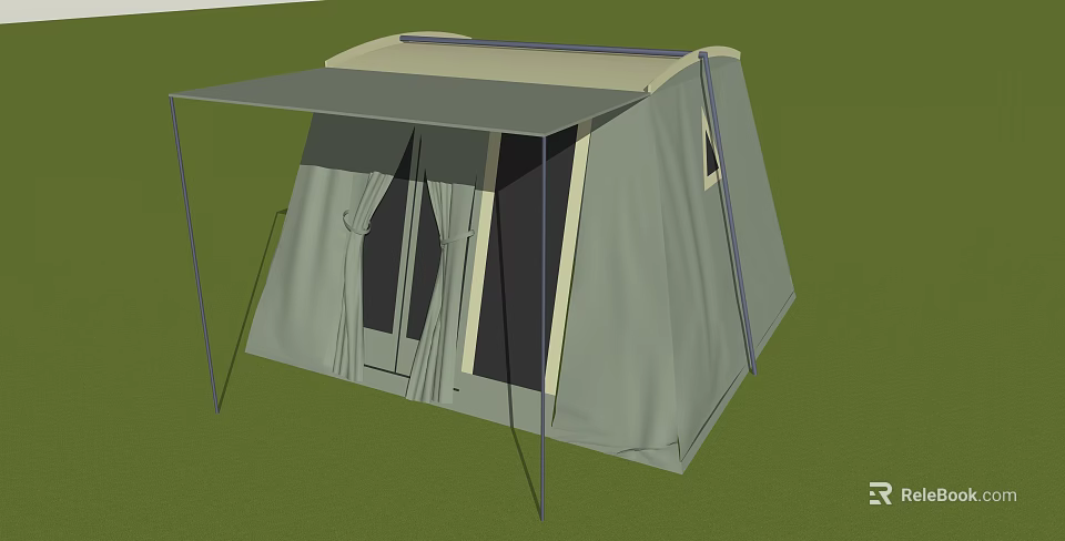Light Gray Camping Tent With Awning Double Doors And Support Poles 3d model 