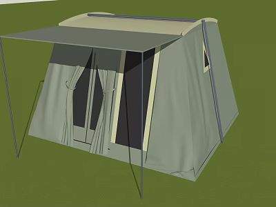 Light Gray Camping Tent With Awning Double Doors And Support Poles 3d model