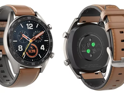 Smartwatch with Brown Leather Strap Dial Display Back Sensor and Health Monitoring Function 3d model