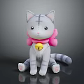 Black Reflective Table Surface With Gray Plush Cat Doll And Pink Bow 3d model