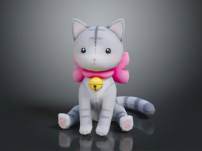 Black Reflective Table Surface With Gray Plush Cat Doll And Pink Bow 3d model