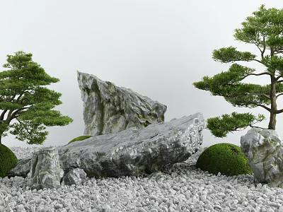 Garden Ornament Design With Natural Large Rocks Green Pine Trees Round Shrubs And Gray Gravel 3d model