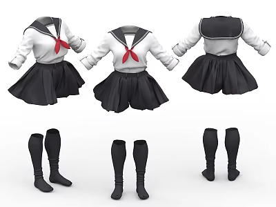 Sailor Uniform with White Top Black Collar Red Bow Pleated Skirt and Knee High Socks 3d model