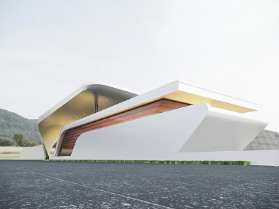 Modern Building Exterior Wall With Sleek White Surface And Wooden Accents Against Mountain View 3d model