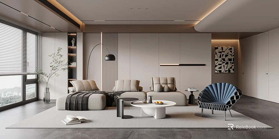 Modern Living Room Interior Design With Comfortable Sofa Blue Chair Coffee Table And Floor Lamp 3d model 