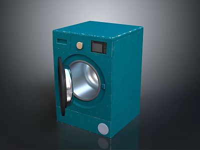 Teal Cube Shaped Washing Machine With Circular Door And Front Control Panel 3d model