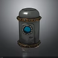 Silver Metal Decorative Cylinder With Brown Riveted Band And Blue Gemstone