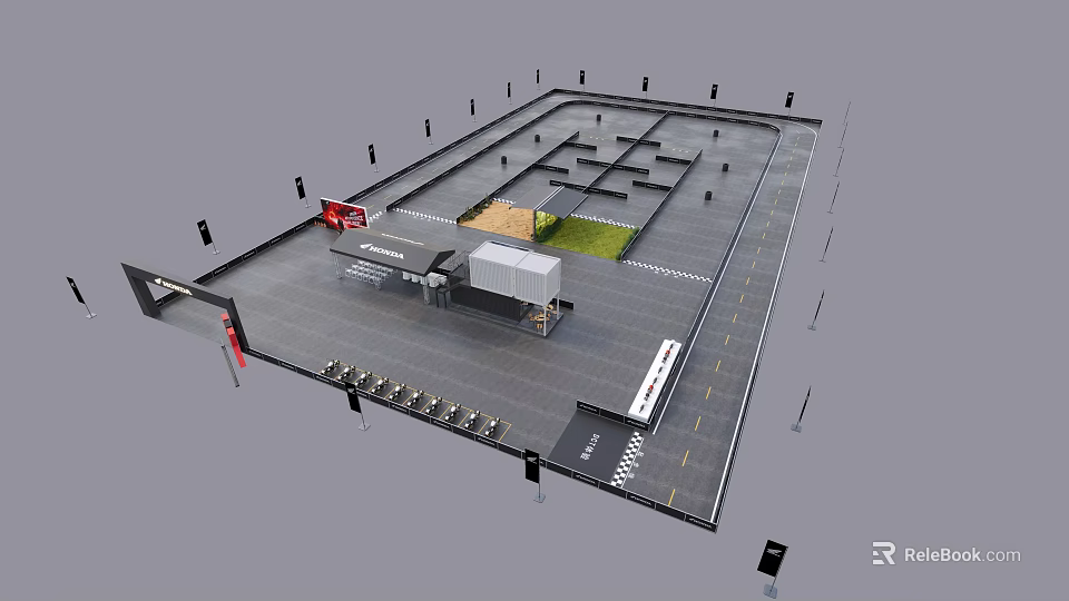 Efficient Road Facilities In Parking Layout With Lanes Signage Kiosk And Grass Area 3d model 