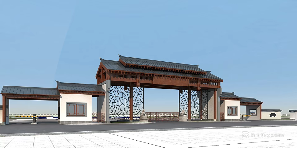 Traditional Chinese Entrance Gate With Intricate Lattice Design And Curved Pagoda Style Roof 3d model 