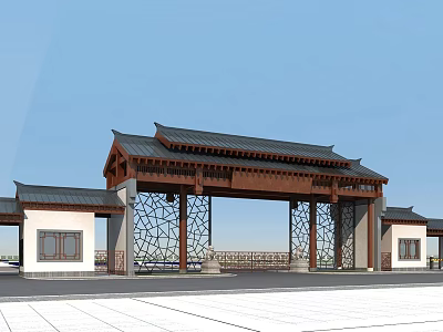 Traditional Chinese Entrance Gate With Intricate Lattice Design And Curved Pagoda Style Roof 3d model