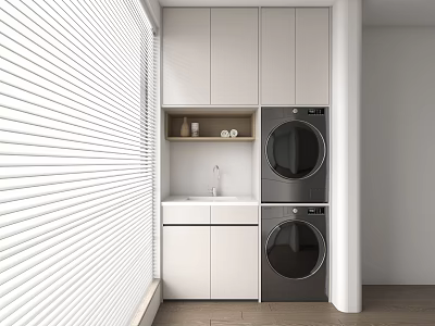 White Bathroom Vanity Cabinet With Sink And Stacked Gray Washer Dryer Near White Blinds 3d model