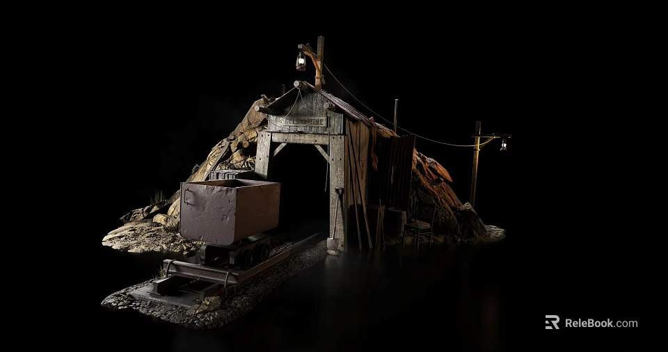 Old Mine Scene With Wooden Structure Mine Cart Tracks And Lanterns 3d model 