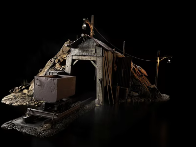 Old Mine Scene With Wooden Structure Mine Cart Tracks And Lanterns 3d model