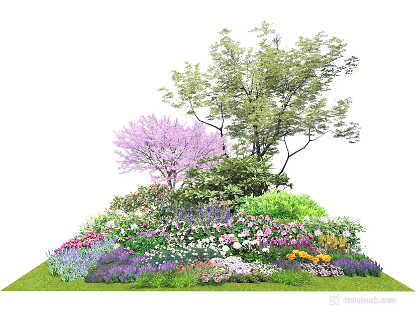 Colorful Garden Shrubs With Purple Pink White Flowers Green Tree And Lush Grass 3d model 