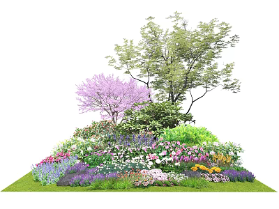 Colorful Garden Shrubs With Purple Pink White Flowers Green Tree And Lush Grass 3d model