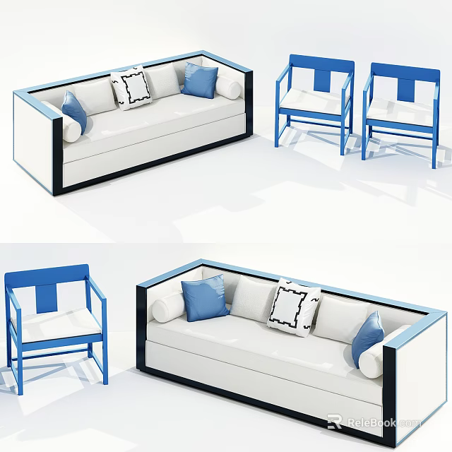 Modern Sofa Set With White Sofa Blue Accent Chairs And Patterned Cushions 3d model