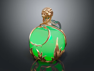 Exquisite Green Jade Pendant With Golden Lion Head And Leaf Base Design 3d model