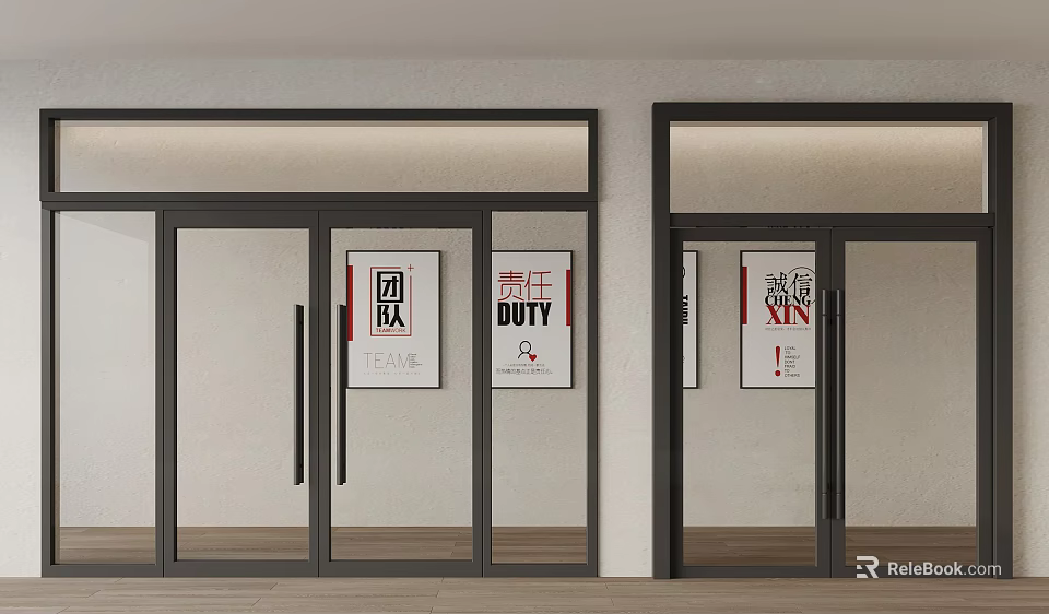Office Glass Doors With Team Duty And Xin Posters In Modern Interior Design 3d model 