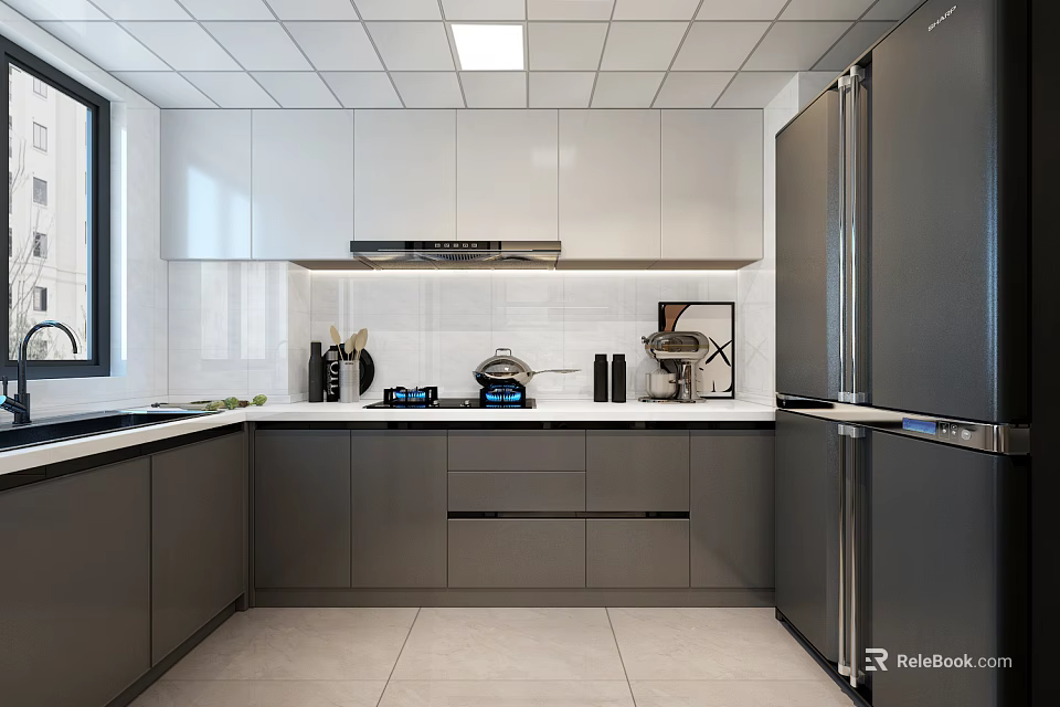 Modern Kitchen Interior With White And Gray Cabinets Stainless Steel Refrigerator Cooktop And Range Hood 3d model 