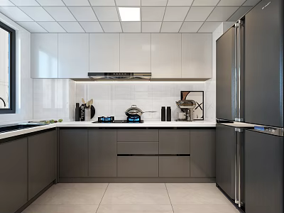 Modern Kitchen Interior With White And Gray Cabinets Stainless Steel Refrigerator Cooktop And Range Hood 3d model