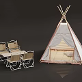 Outdoor Camping Tipi Tent With Beige And Pink Trim Foldable Chairs Table And Cushion Inside