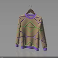 Beige Sweater With Purple Trim Green Geometric Patterns On Wooden Hanger And Reflection