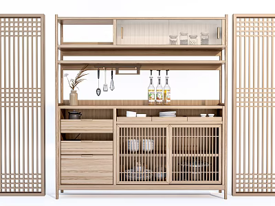 Japanese Style Wooden Cabinets With Lattice Screens Utensils And Storage 3d model