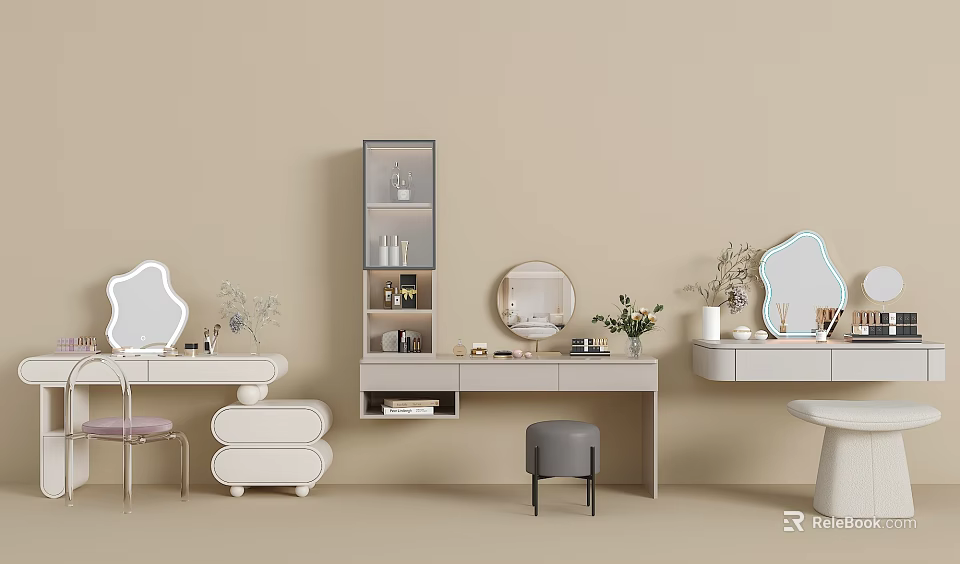 Modern Dressing Tables With Mirrors Stools And Decorative Items On Light Beige Wall 3d model