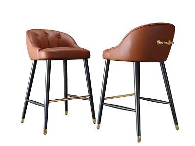 Stylish Brown Leather Bar Stools Featuring Black And Gold Legs Metal Accents 3d model