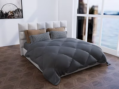 Double Bed With Upholstered Headboard Gray Comforter And Checkered Pillows Near Sea View Window 3d model